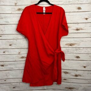 Amadi Red Faux Wrap Short Sleeve Dress Robe Shirt